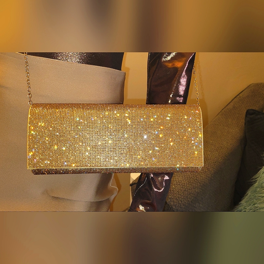 🔥Rhinestone Foldover Clutch Purse, With Chain.